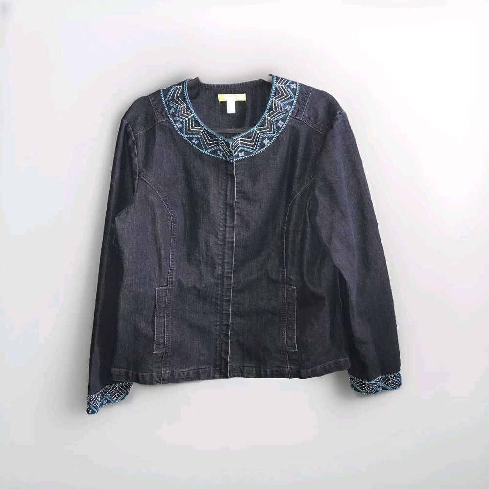 Sigrid Olsen Full Zip Top XL Long Sleeve Embroidery Indigo Lightweight Blue Coat